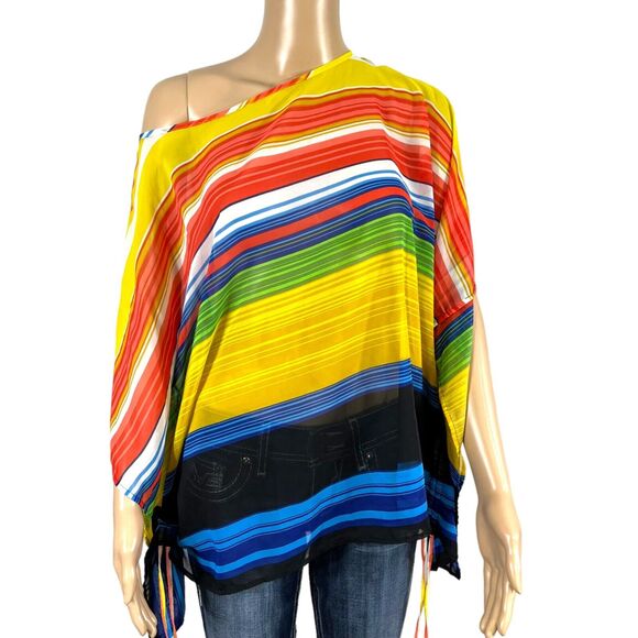 Apostrophe Womens Poncho Blouse Top Shirt Sheer Brightly Striped Pullover Medium - Picture 1 of 13